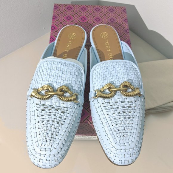 Tory Burch $348 Jessa Woven Backless Loafer Icy Blue Crisp 6 10 - Picture 2 of 16